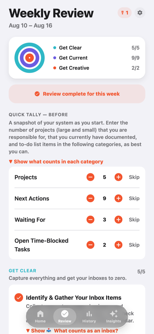 Clear & Current weekly review screen, complete